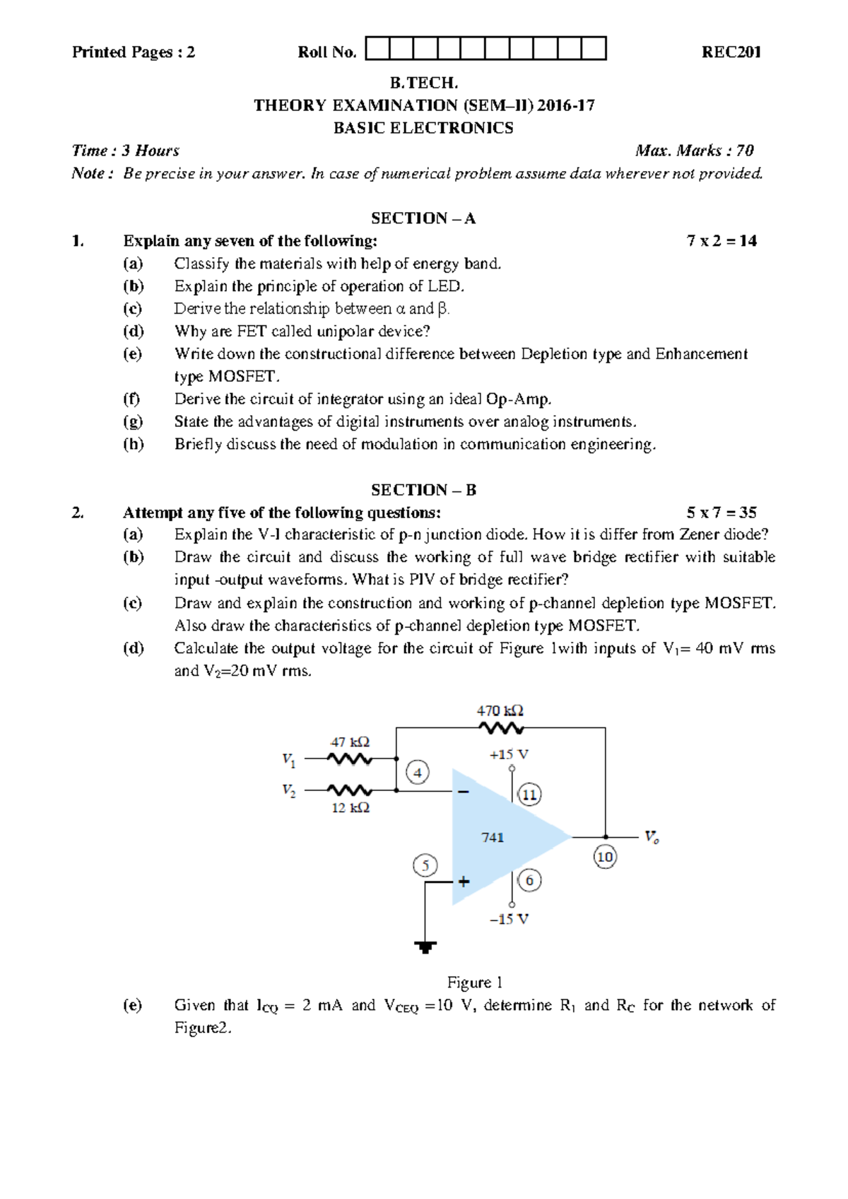 Basic- Electronics-REC201 - Printed Pages : 2 Roll No. REC B. THEORY ...
