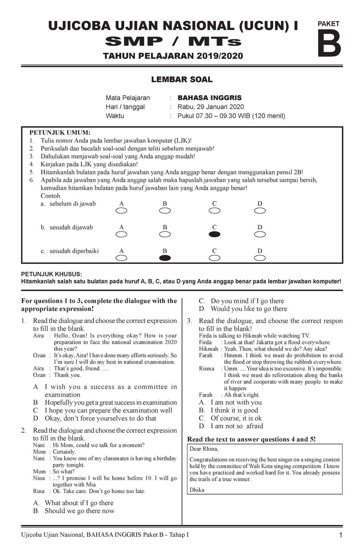 UCUN B. Inggris-P1B 2020 - PETUNJUK KHUSUS: Hitamkanlah Salah Satu ...