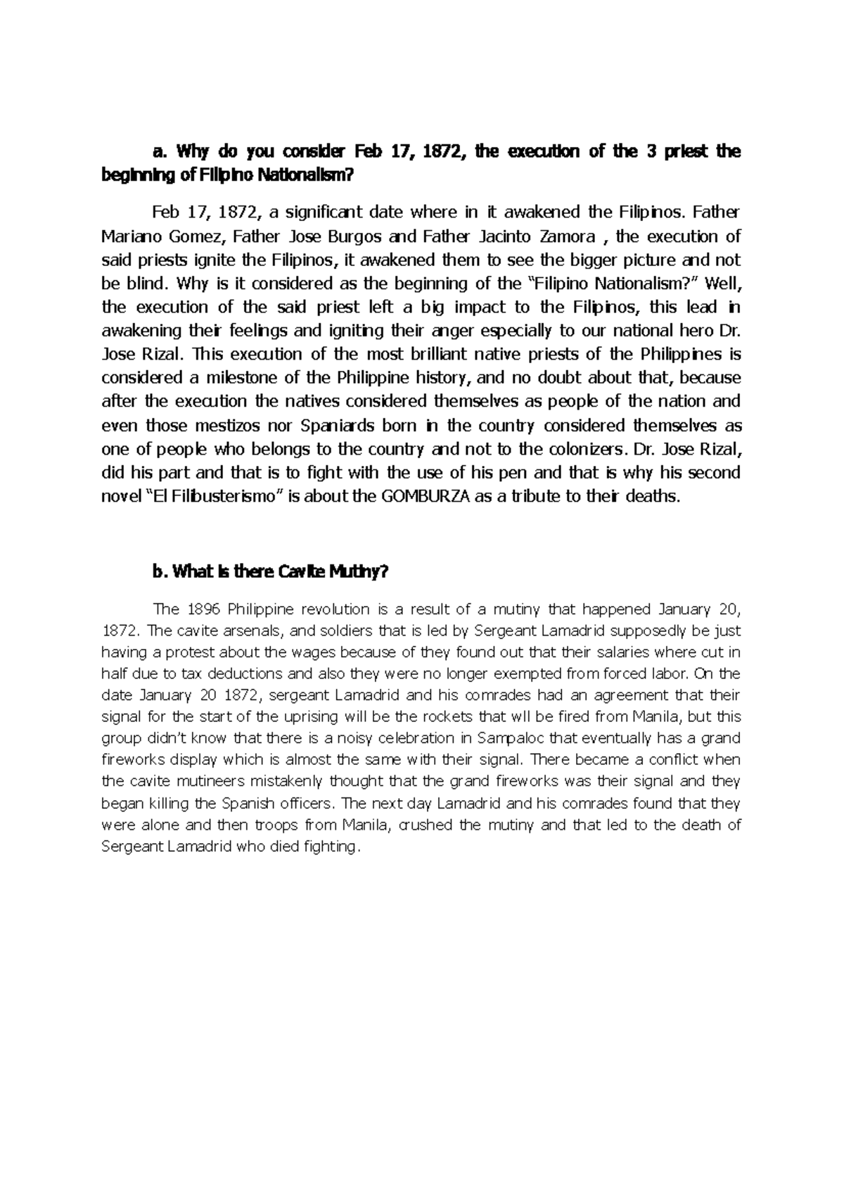 GOMBURZA and The Cavite Mutiny a. Why do you consider Feb 17 , 1872 , the execution of the 3
