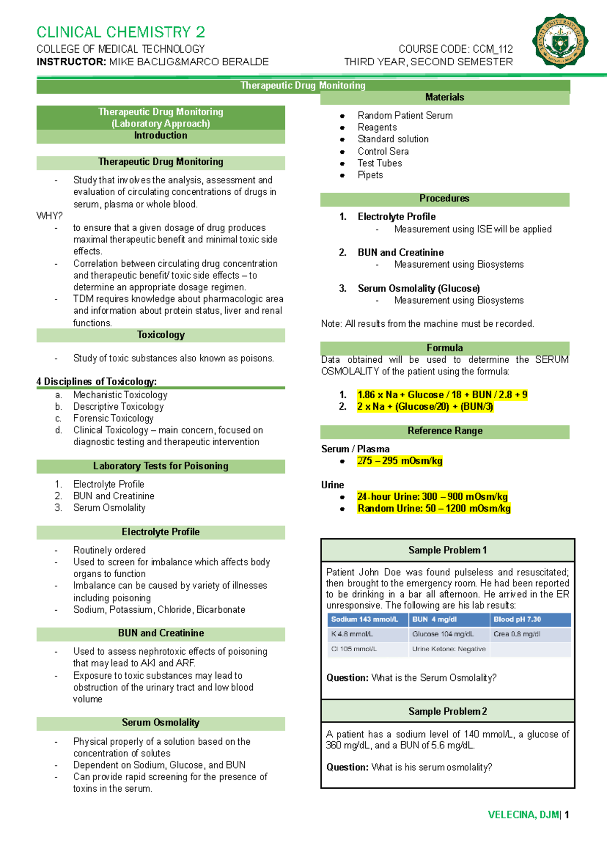 CCM LAB Therapeutic Drug Monitoring - CLINICAL CHEMISTRY 2 COLLEGE OF ...