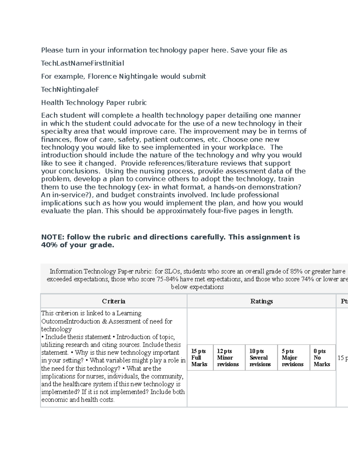 HEalth paper rubric - Please turn in your information technology paper ...