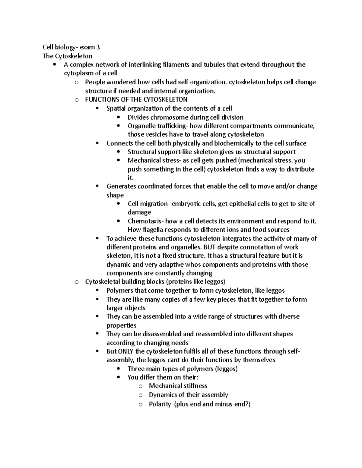 Cell biology exam 3 pt. 1 - Cell biology- exam 3 The Cytoskeleton A ...