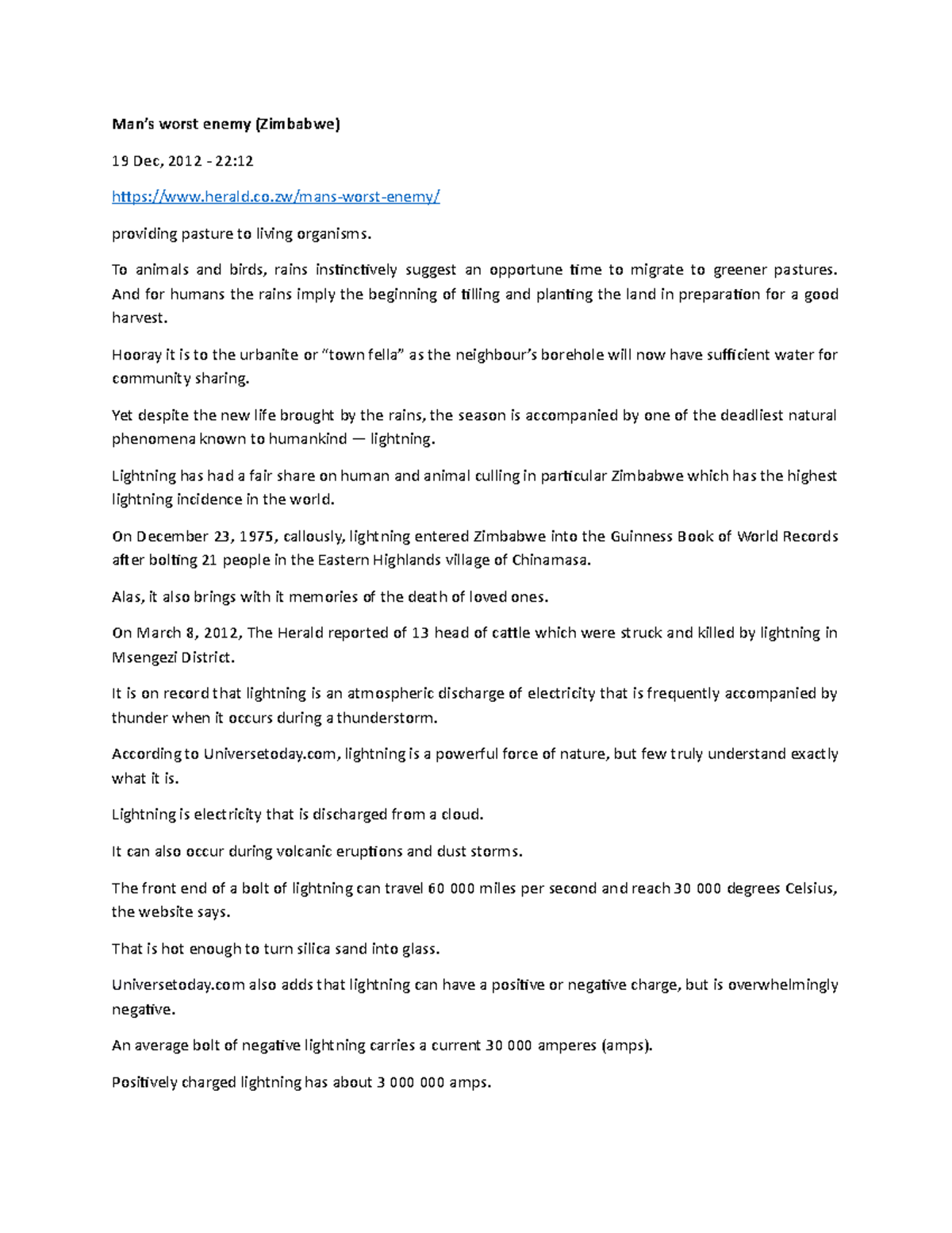 Man s Worst Enemy ESSAY Man s Worst Enemy Zimbabwe 19 Dec 2012 
