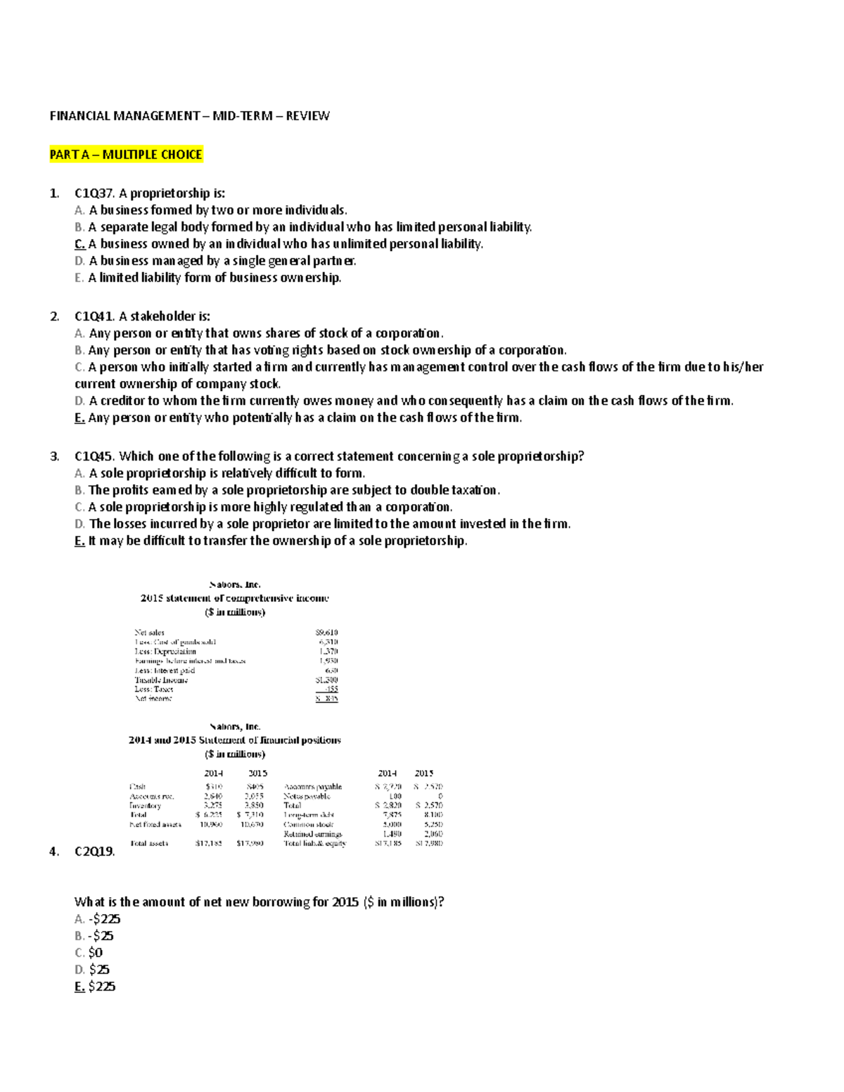 PREP Test-Revised (with solutions) - FINANCIAL MANAGEMENT – MID-TERM ...