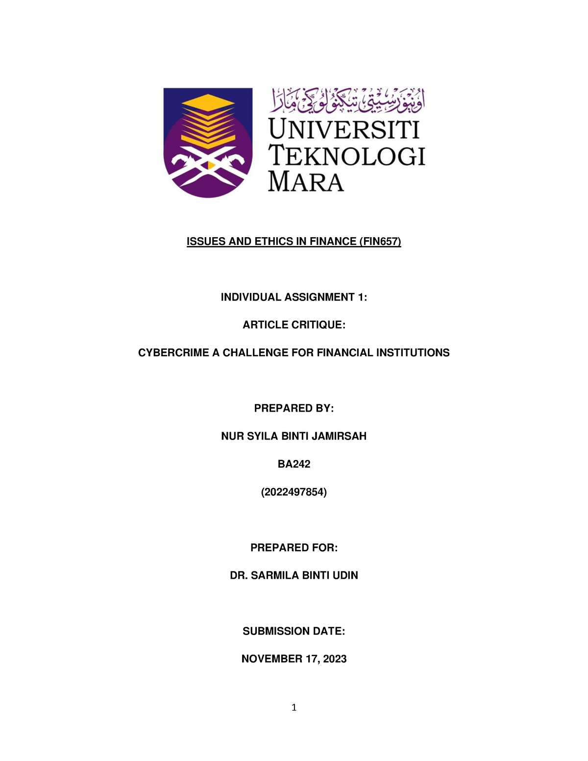 individual assignment fin657