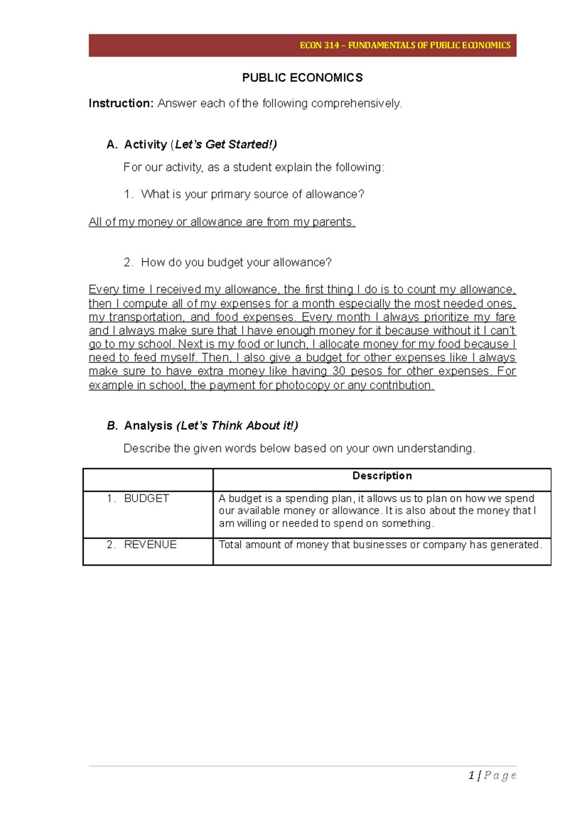 Public Economics Budgeting - ECON 314 – FUNDAMENTALS OF PUBLIC ...