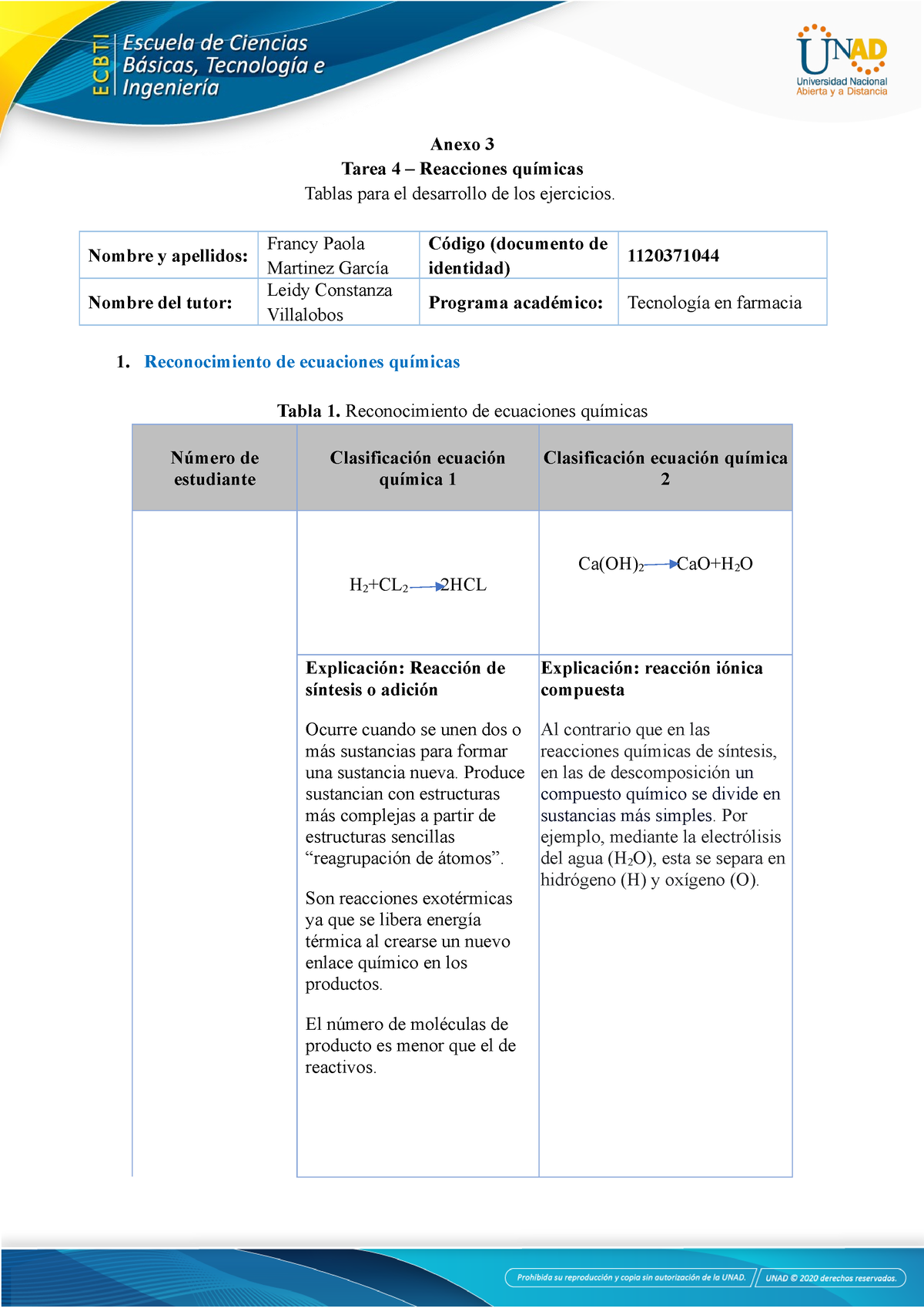 Anexo 3 - Excelente - Anexo 3 Tarea 4 – Reacciones químicas Tablas para ...