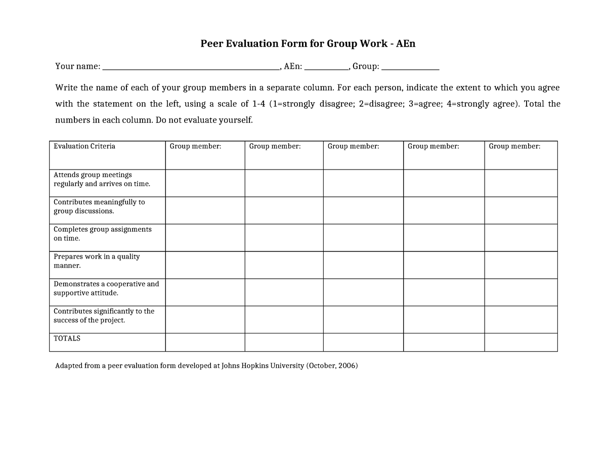 1. Peer Evaluation Form for Group Work - For each person, indicate the ...