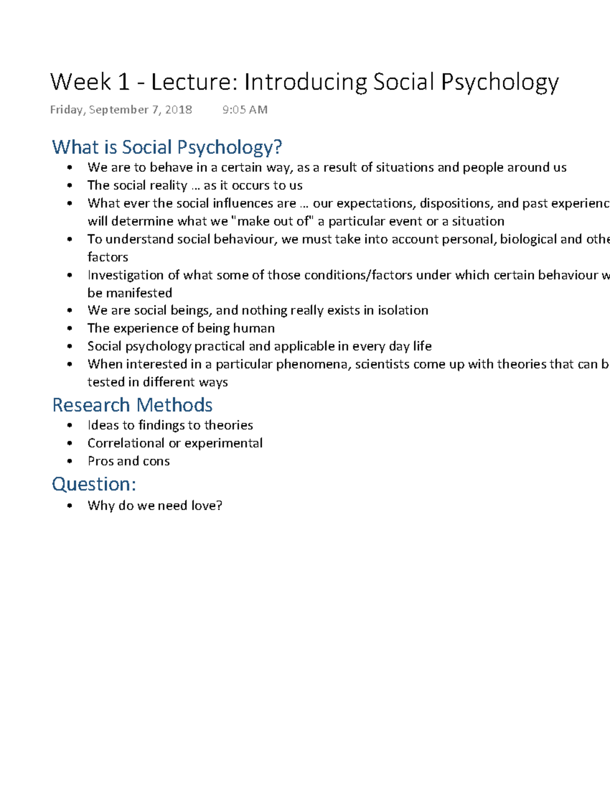 Week 1 - Lecture Introducing Social Psychology - PSYC2130 - Studocu