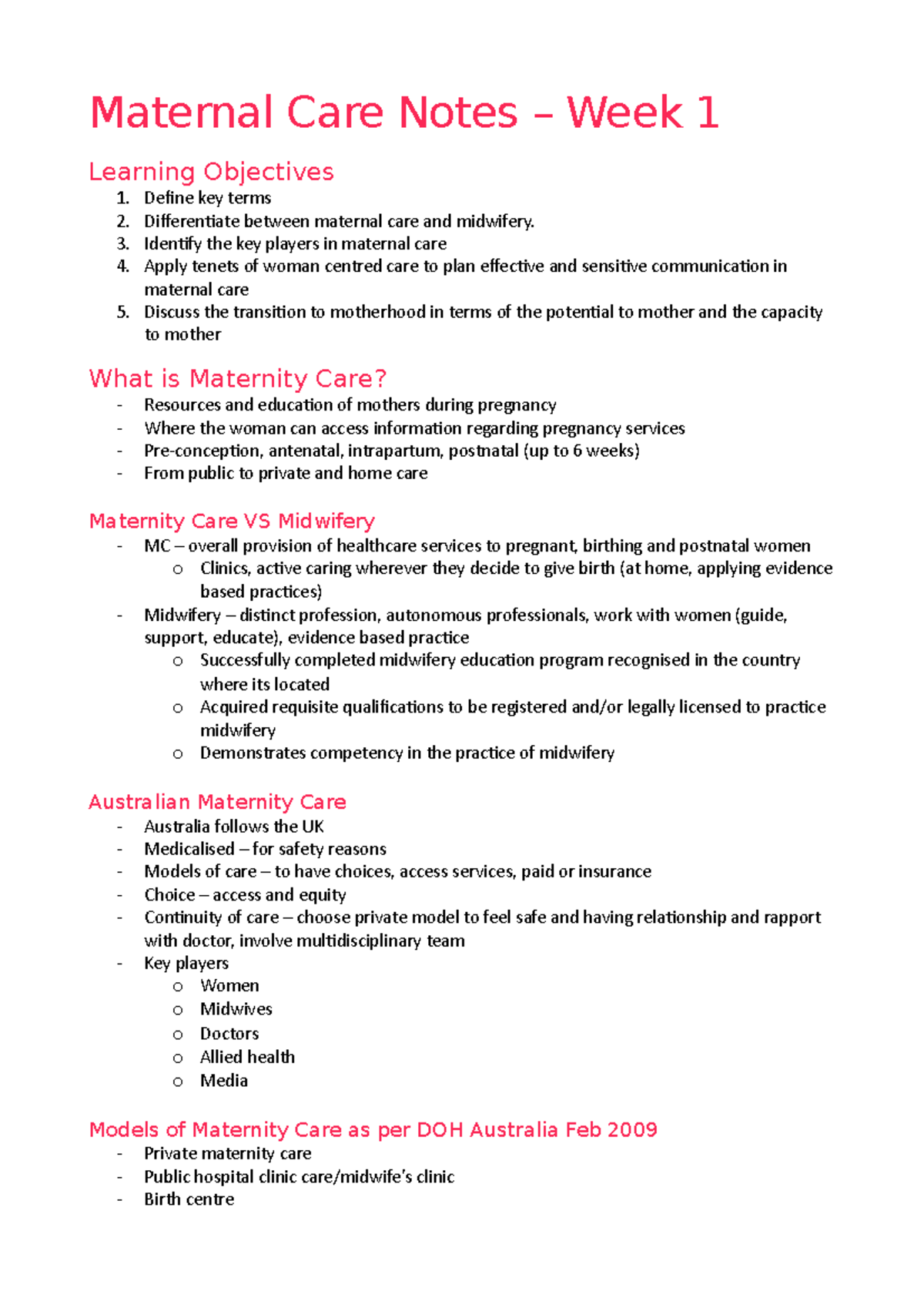 Maternal Care Notes Week 1 Maternal Care Notes Week 1 Learning
