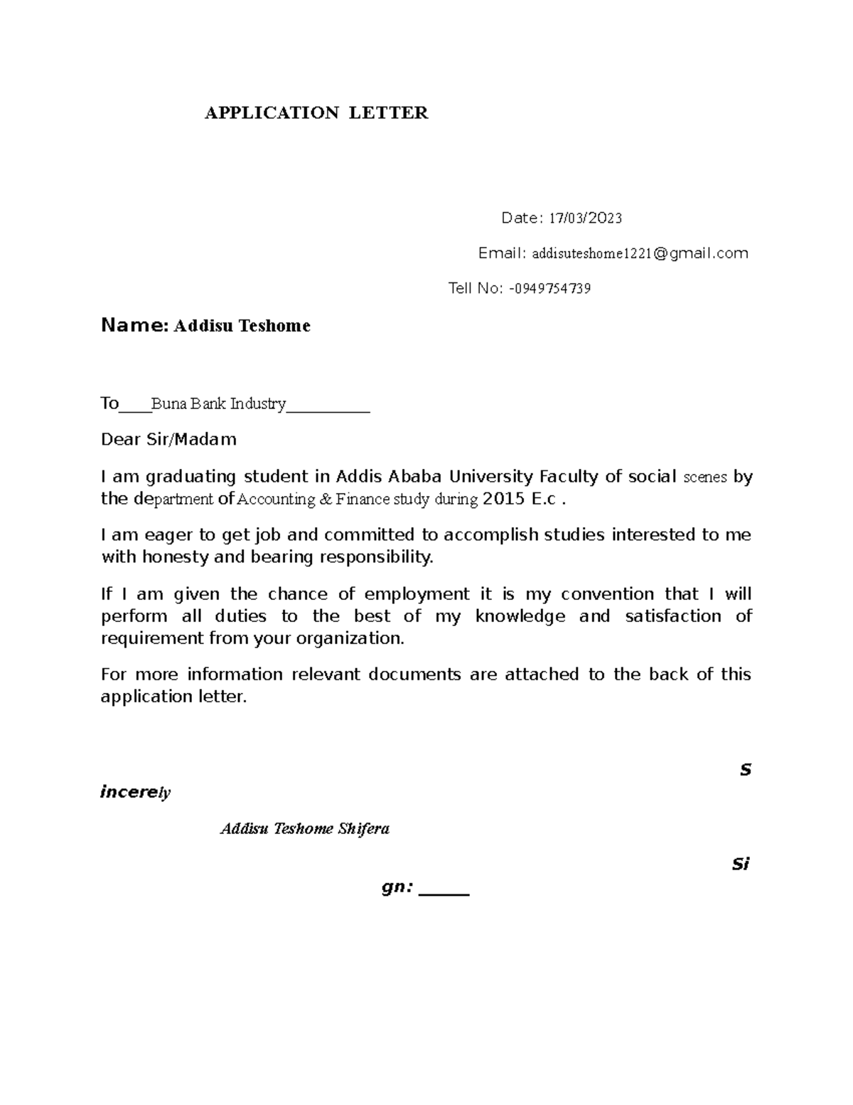 Buna Bank - yes - APPLICATION LETTER Date: 17/03/ 2023 Email ...