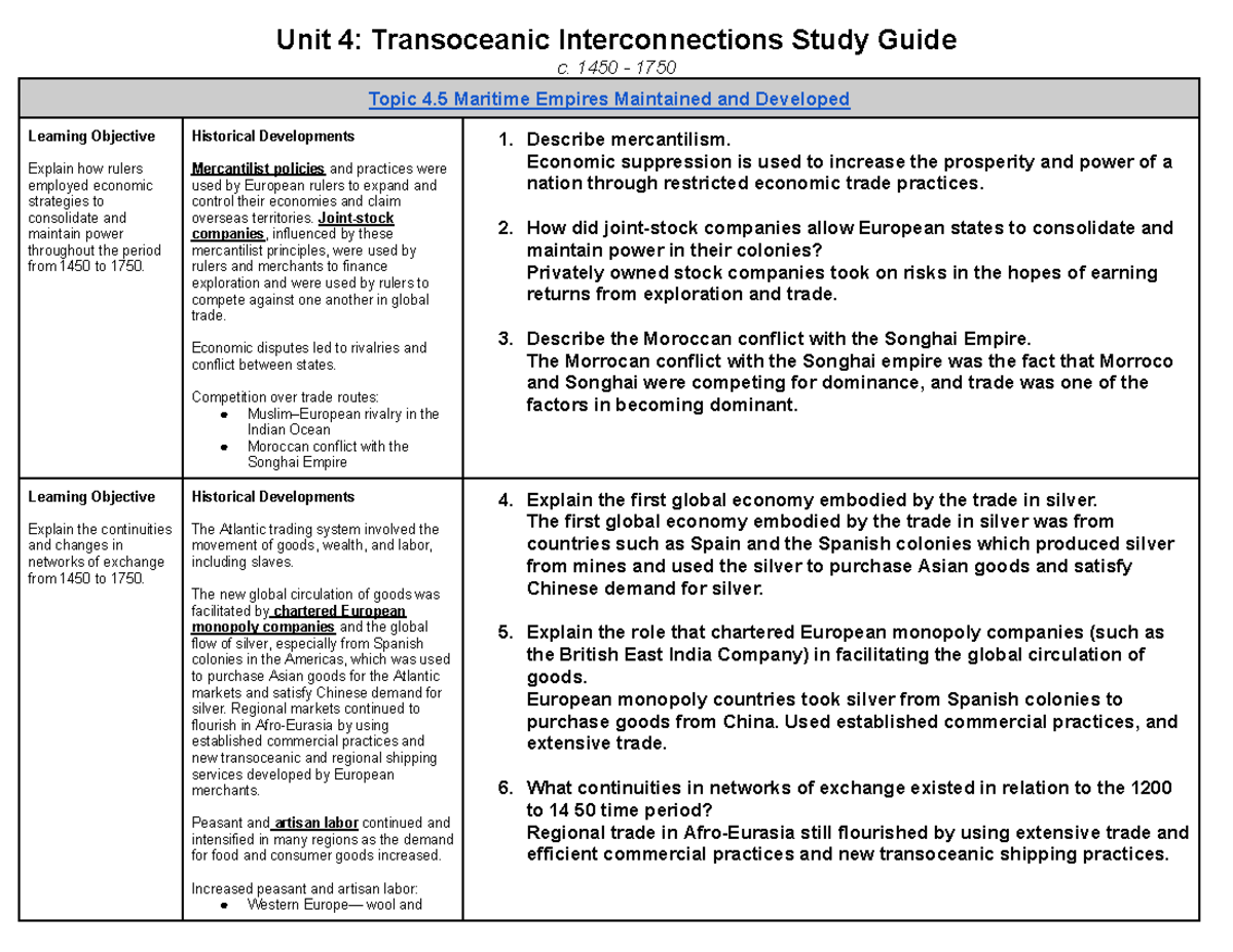 AP World History Unit 4.5 Study Guide - Unit 4: Transoceanic ...