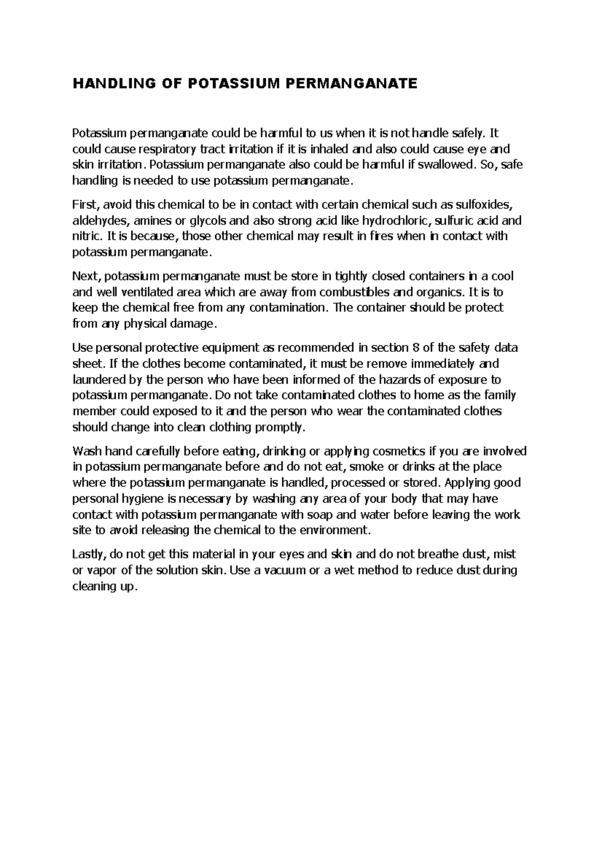 Handling and storage OF Potassium Permanganate lab report for students