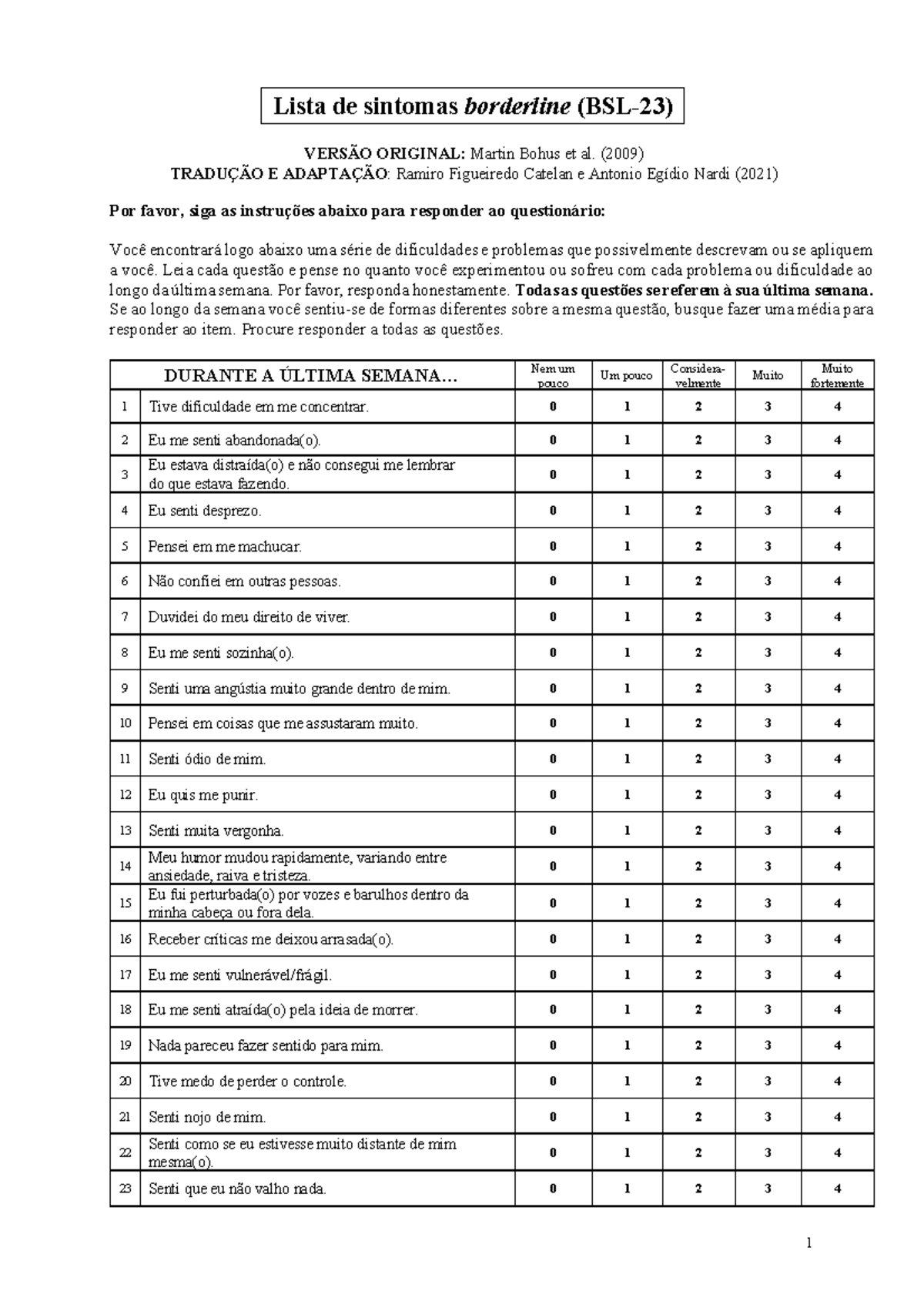 BSL 23 - Teste - 1 VERSÃO ORIGINAL: Martin Bohus et al. (2009) TRADUÇÃO ...