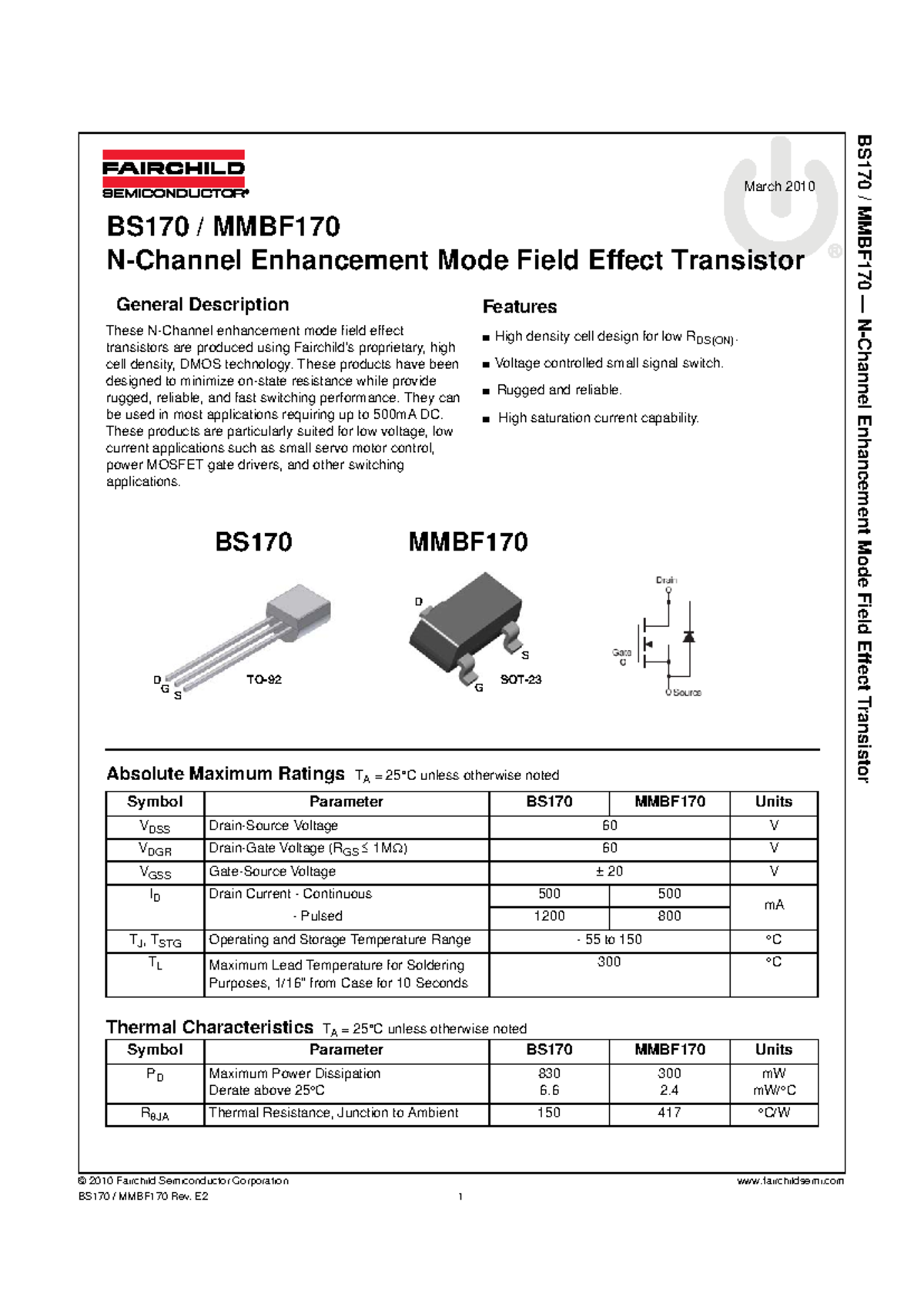 BS170 Mosfet Datasheet - © 2010 Fairchild Semiconductor Corporation ...