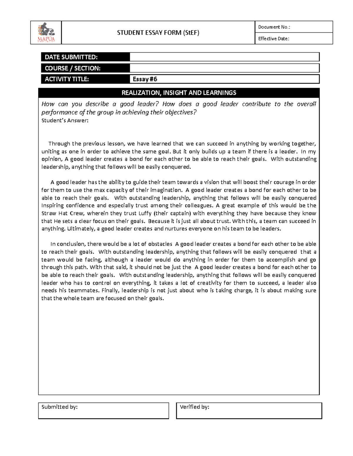Worksheet 3 - essay - STUDENT ESSAY FORM (StEF) Document No.: Effective ...