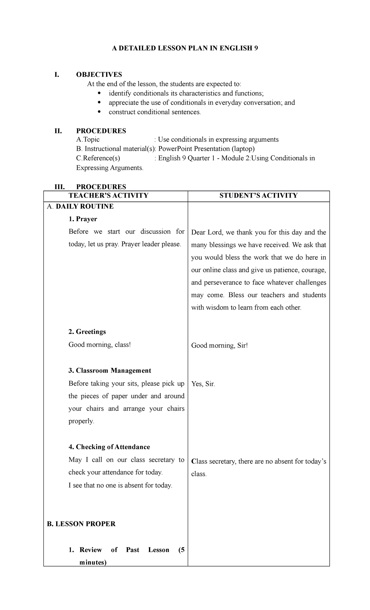 Detailed Lesson Plan Conditionals A Detailed Lesson Plan In English 9 I Objectives At The End 9503