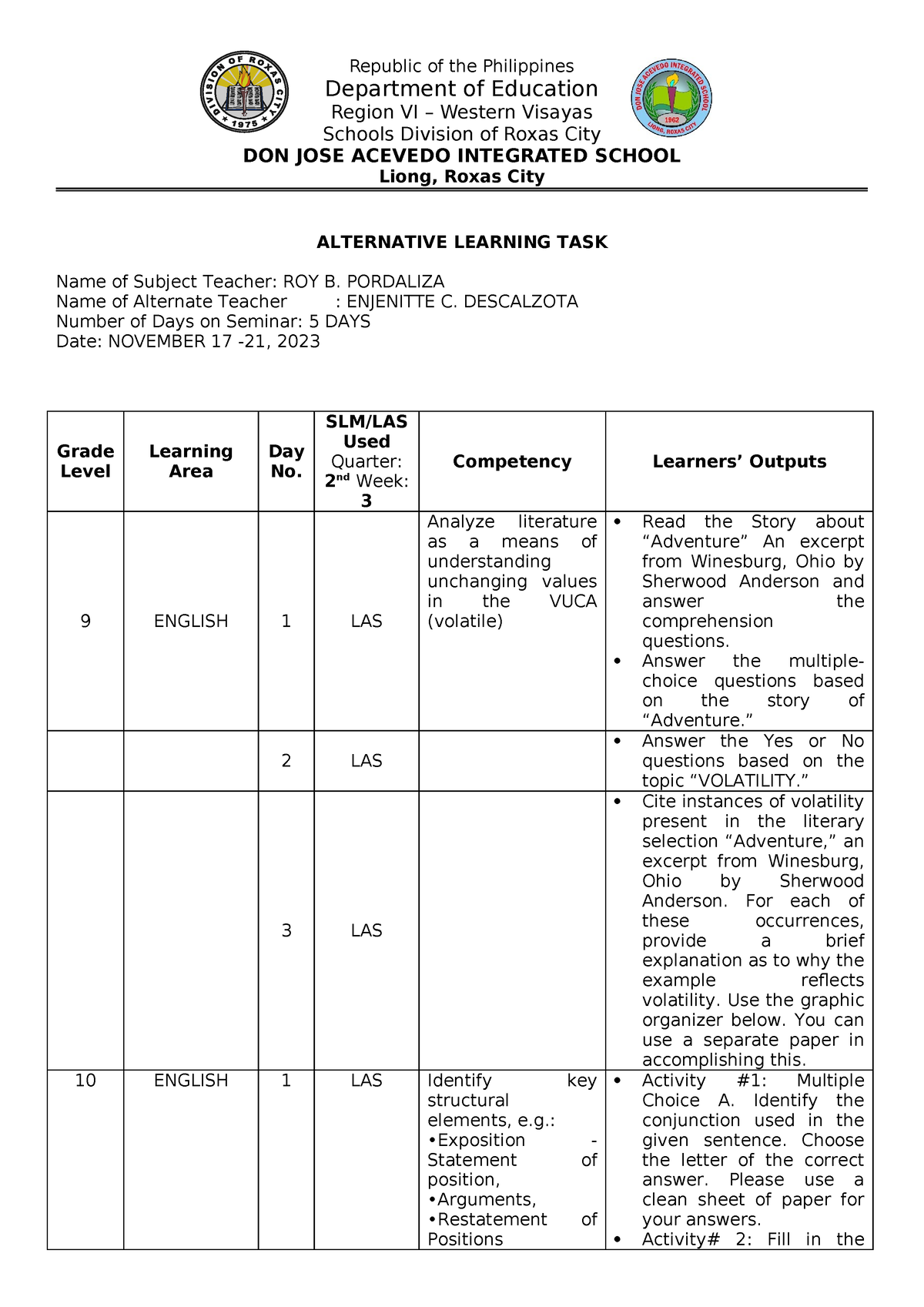 Alternative Learning TASK NLC - Republic of the Philippines Department ...