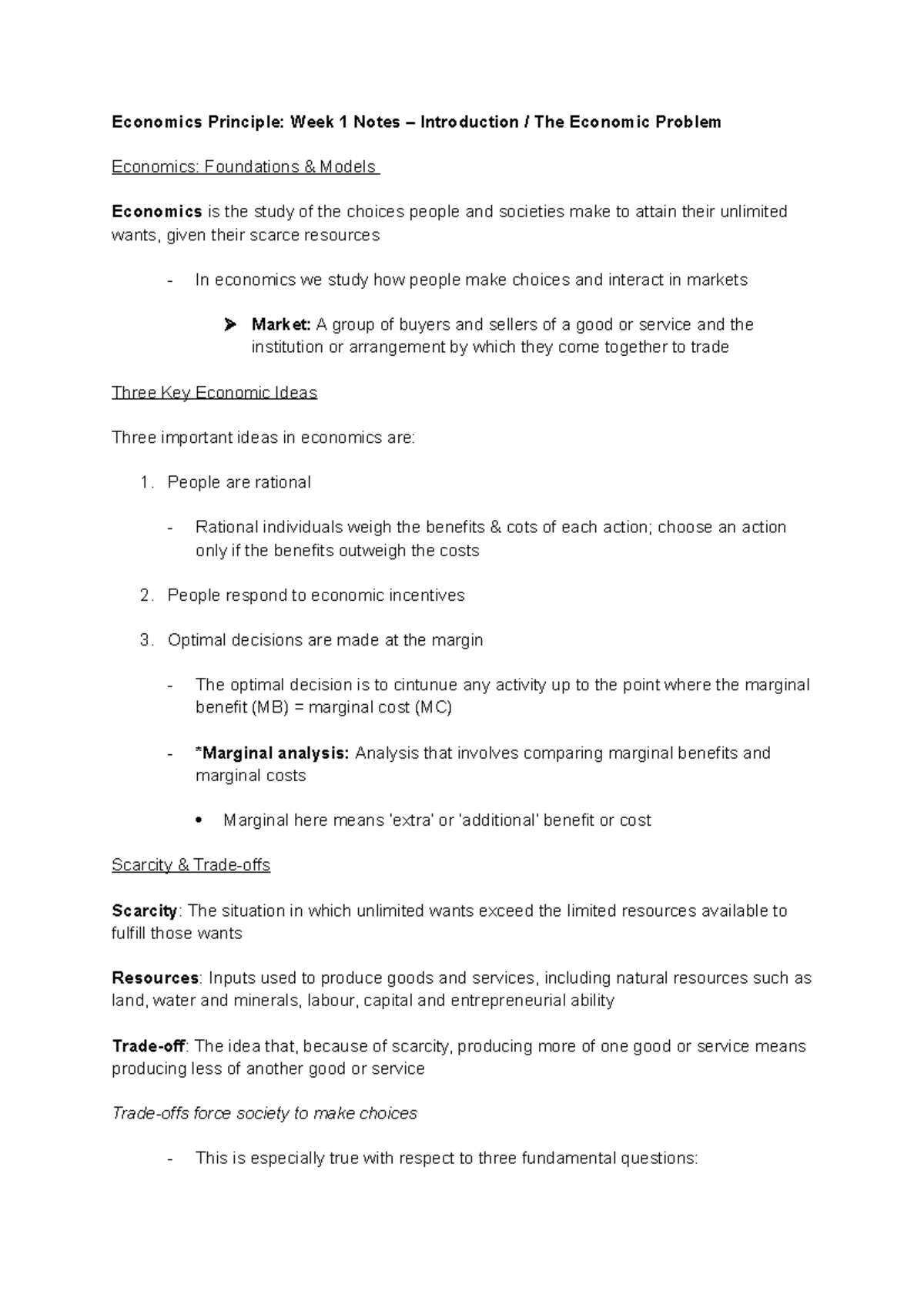 Economics Principles ECONS 7200 Notes - Economics Principle: Week 1 ...