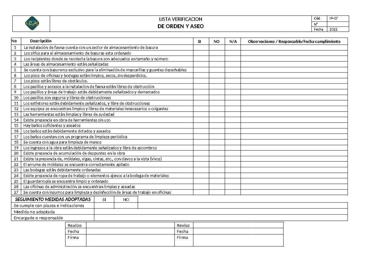IP-07 - Orden y Aseo - Formato de Inspección - LISTA VERIFICACION DE