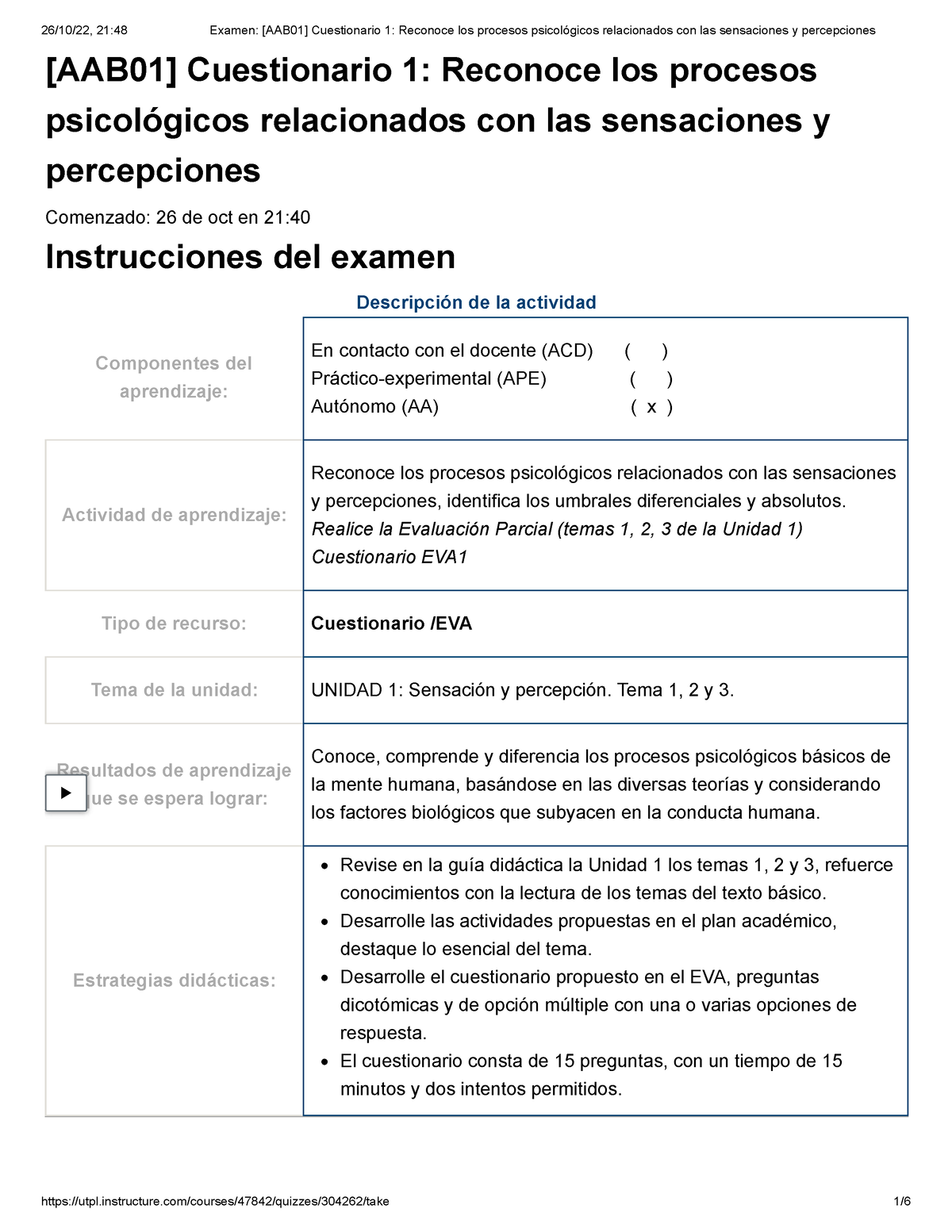 Examen [AAB01] Cuestionario 1 Reconoce Los Procesos Psicológicos ...