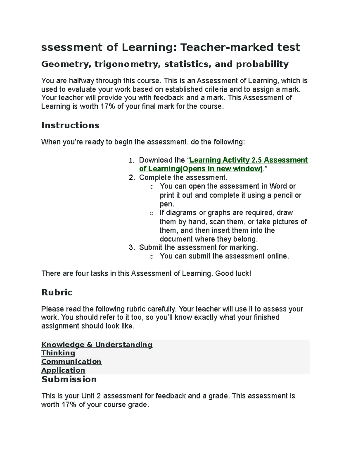 Ssessment of Learning 1 - ssessment of Learning: Teacher-marked test ...