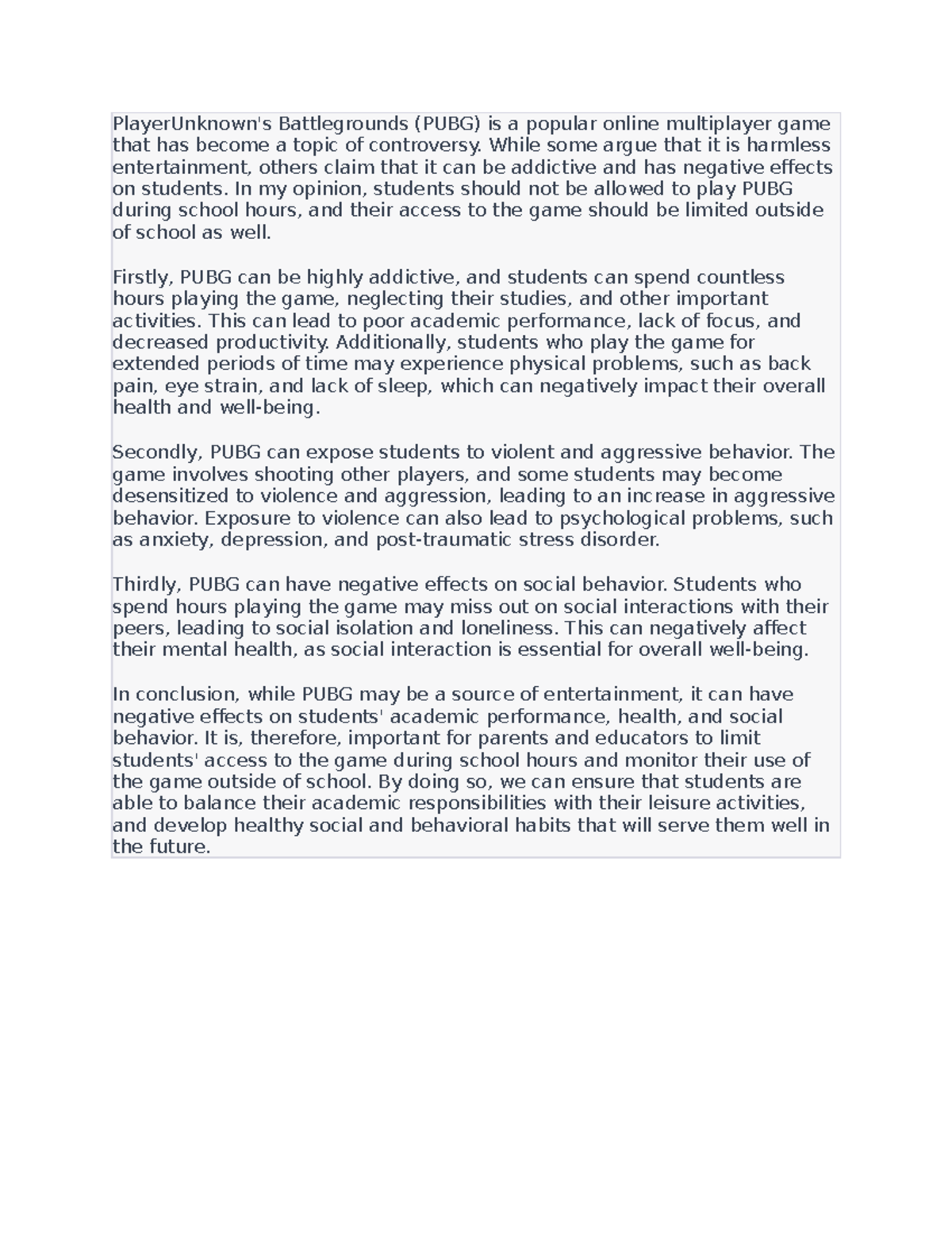 Player Unknown - Students should not be allowed to play PUBG