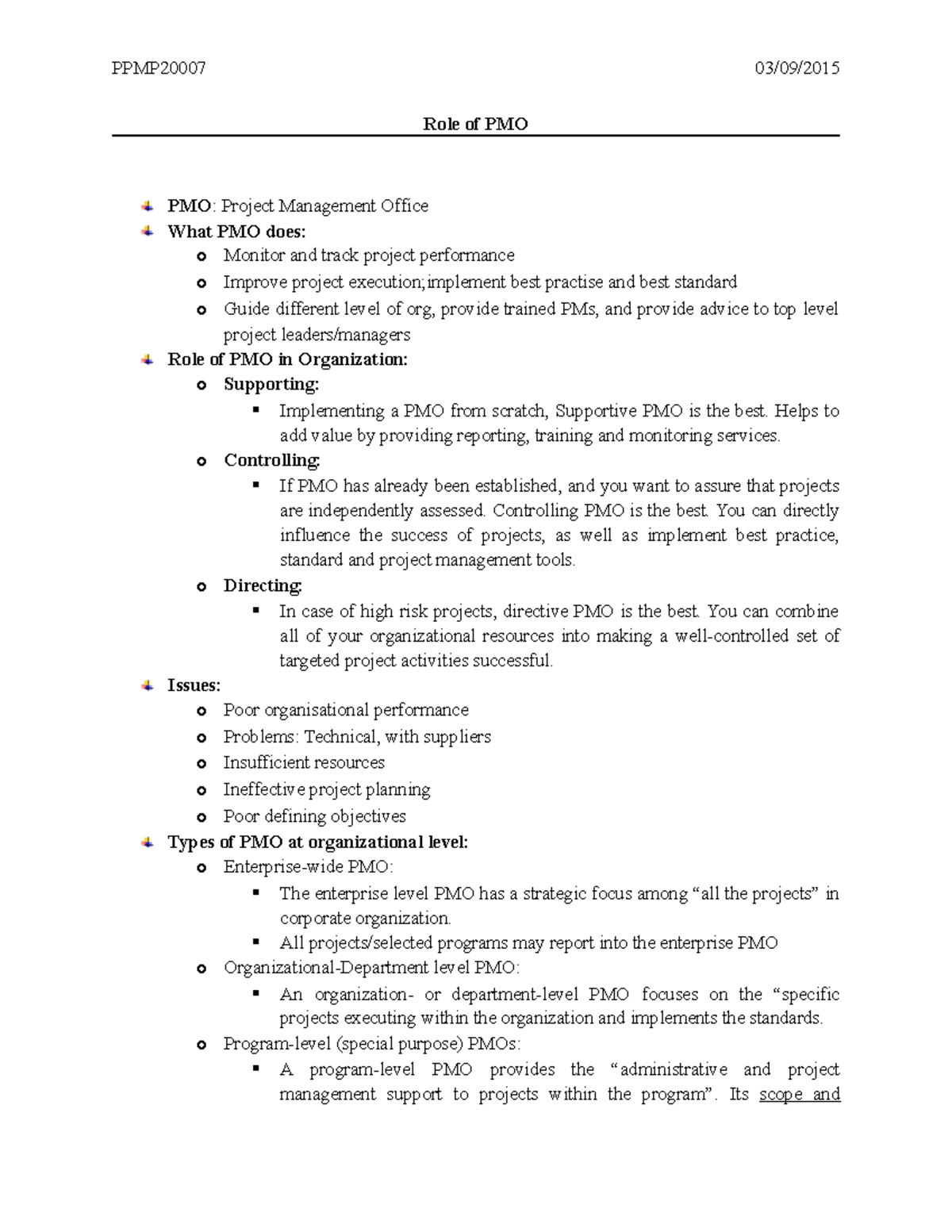Handout for distributon - PPMP20007 03/09/ Role of PMO PMO: Project ...