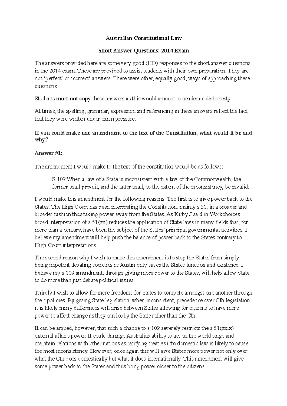 Short Answers 2014 exam Australian Constitutional Law Short Answer