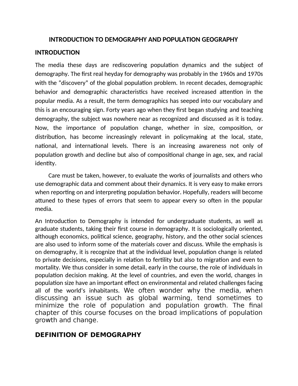 Introduction TO Demography AND Population Geography - INTRODUCTION TO ...