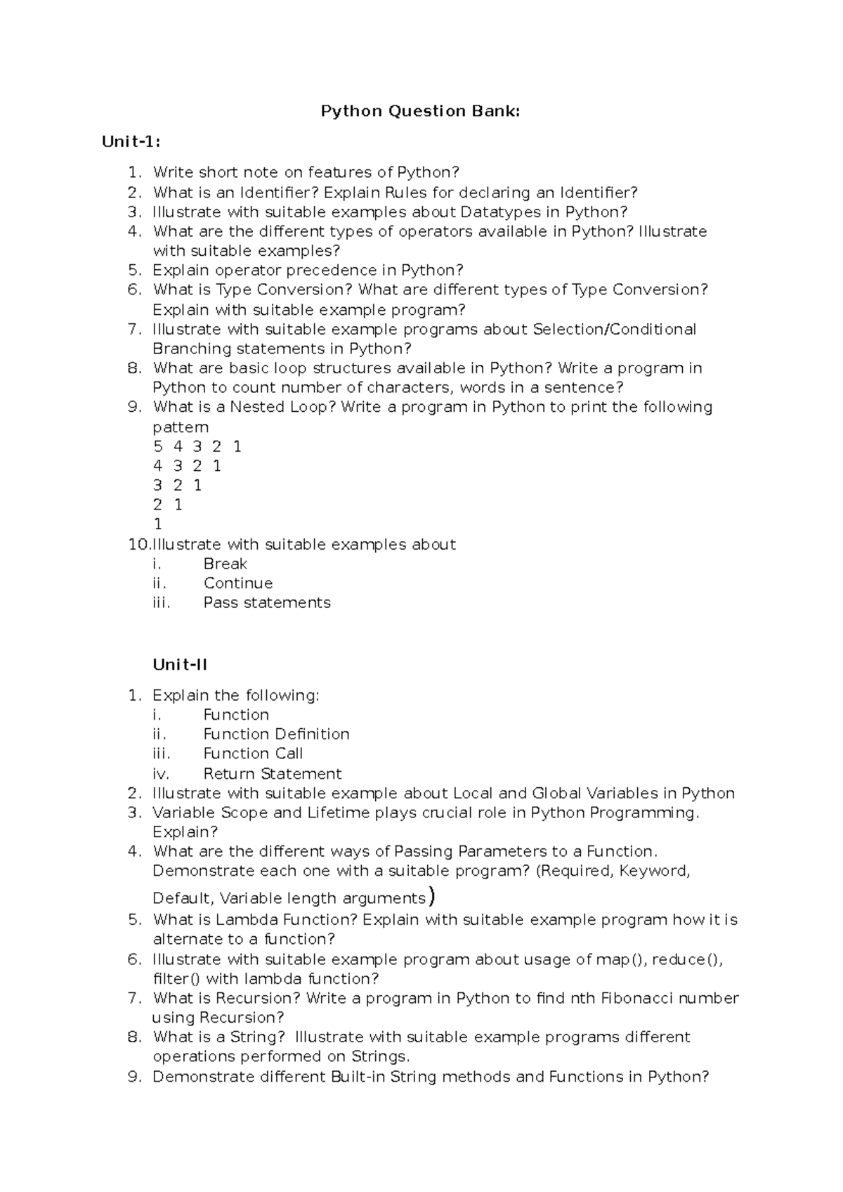 Python Question Bank - Python Question Bank: Unit-1: Write short note ...