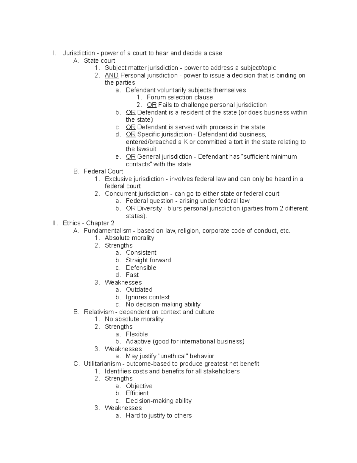 BSL 212 Final Study Guide - I. Jurisdiction - power of a court to hear ...