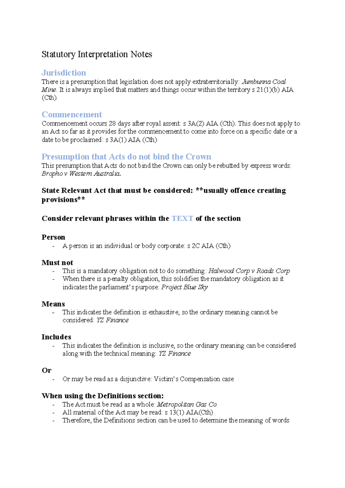 Statutory Interpretation Notes - Statutory Interpretation Notes ...