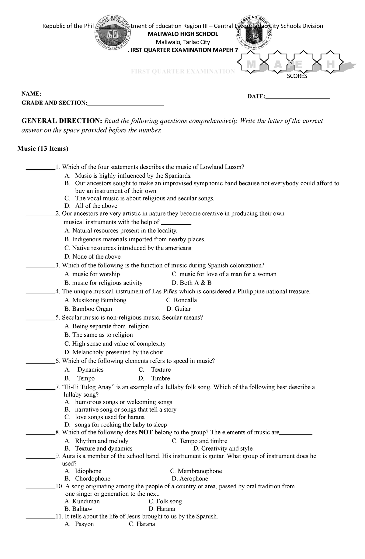 Mapeh 7 1st Quarter Exam Republic Of The Philippines Department Of Education Region Iii 