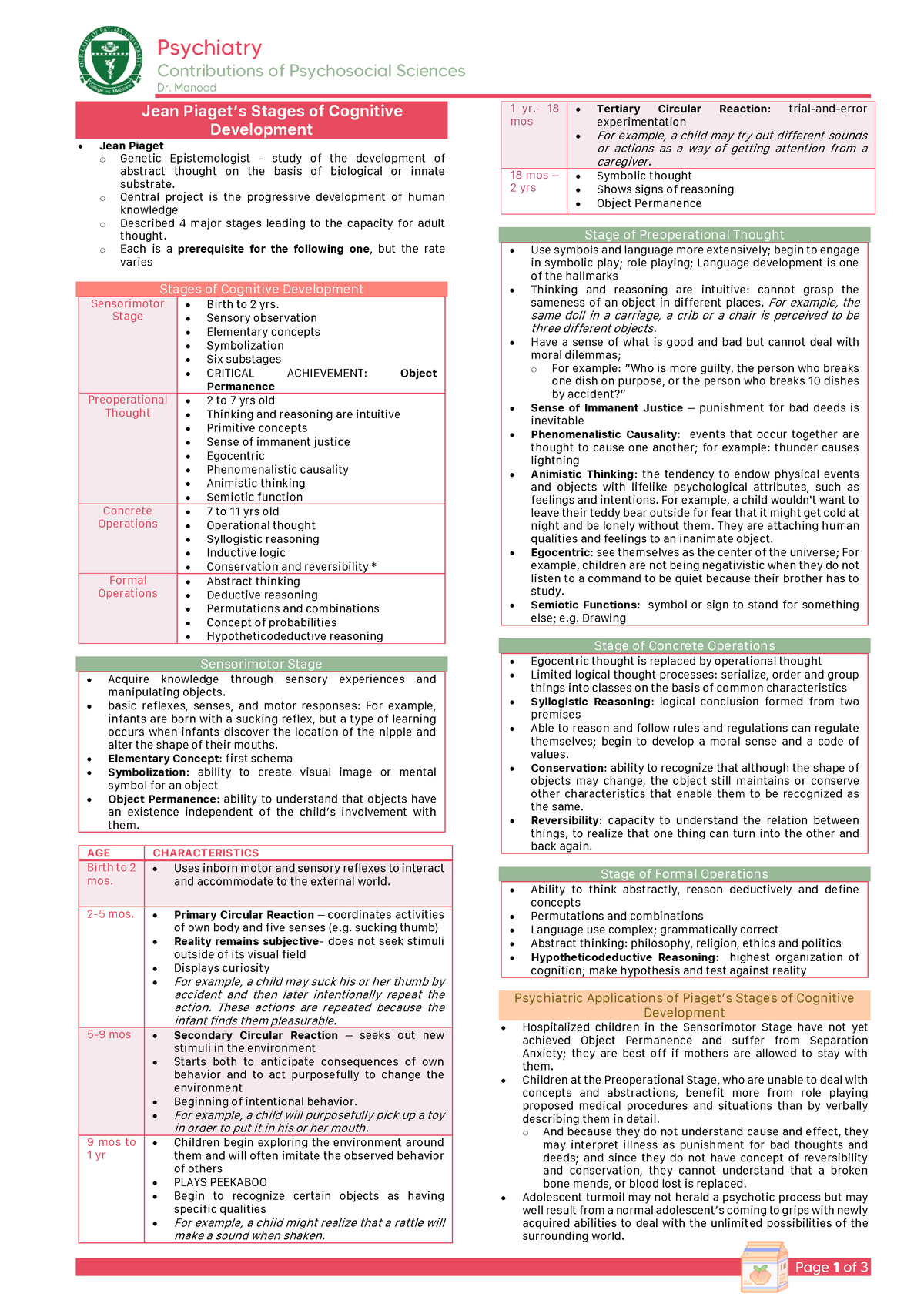 Contributions of Psychosocial Sciences Jean Piaget s Stages of