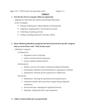 Mgmt 340 Ex 1 Study Guide - Chapter 1 Describe The Roles Of A Manager ...