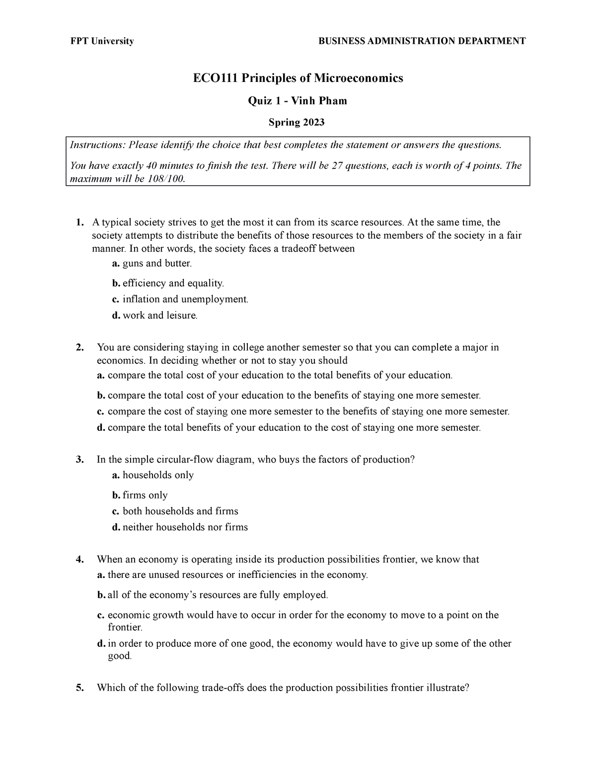 Micro Quiz 1 SP 2023 - ECO111 Principles Of Microeconomics Quiz 1 ...