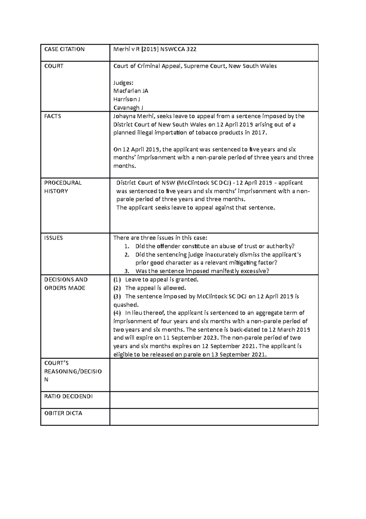 CASE Summary - Merhi v R - CASE CITATION Merhi v R [2019] NSWCCA 322 ...