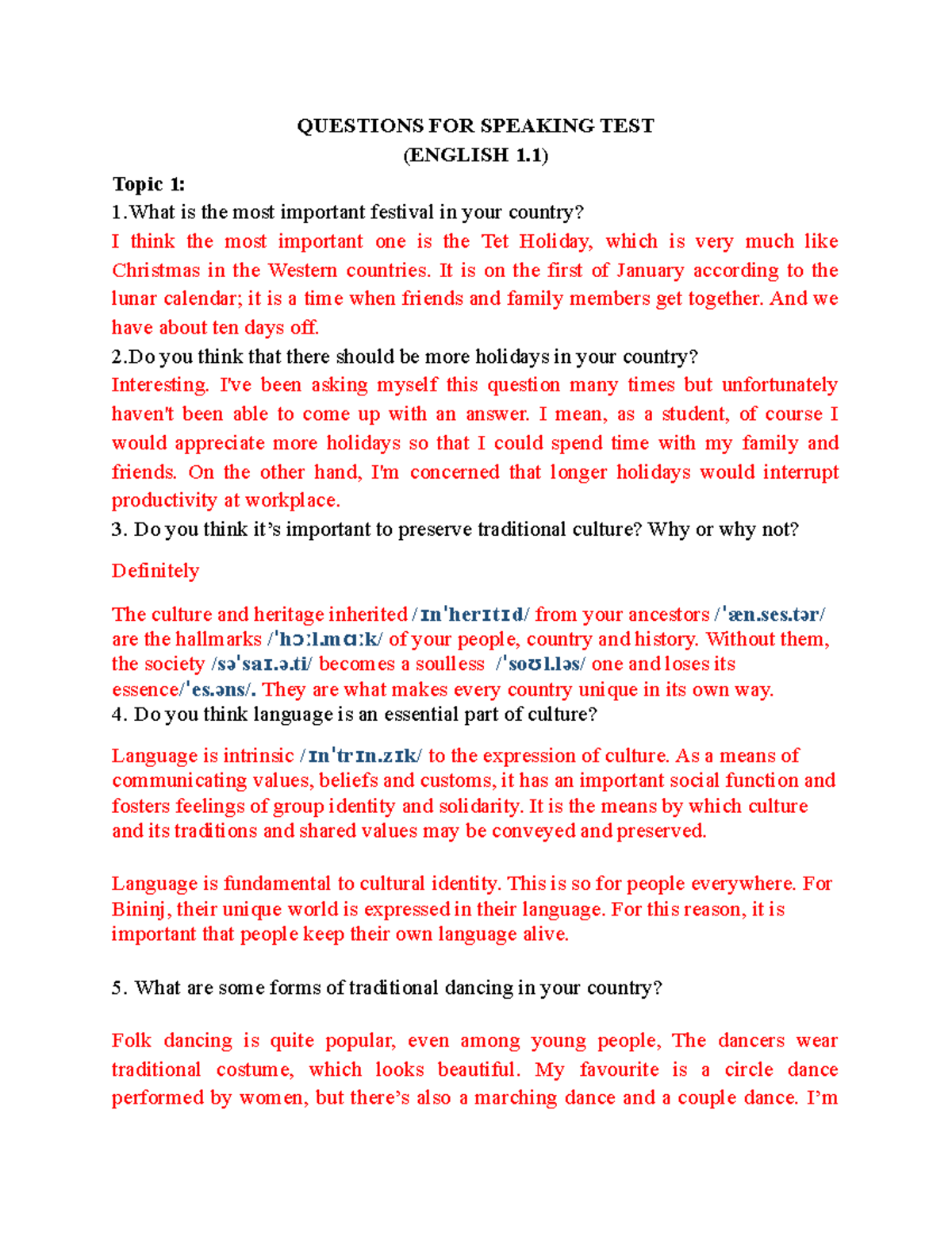 Questions FOR Speaking TEST(1-2) - QUESTIONS FOR SPEAKING TEST (ENGLISH ...