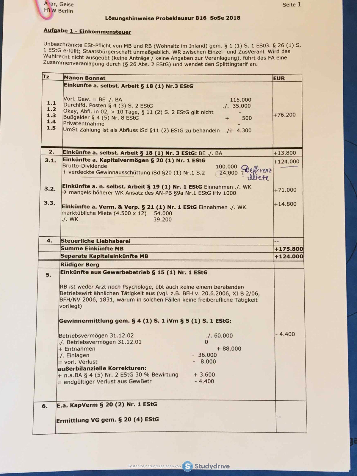 Probeklausur Betriebswirtschaftliche Steuerlehre Teil 1 - Powered By ...