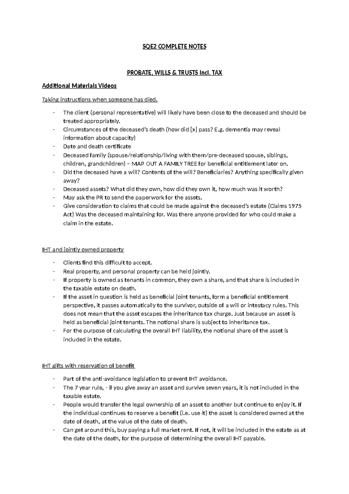 SQE2 Complete Notes - SQE2 COMPLETE NOTES PROBATE, WILLS & TRUSTS incl ...
