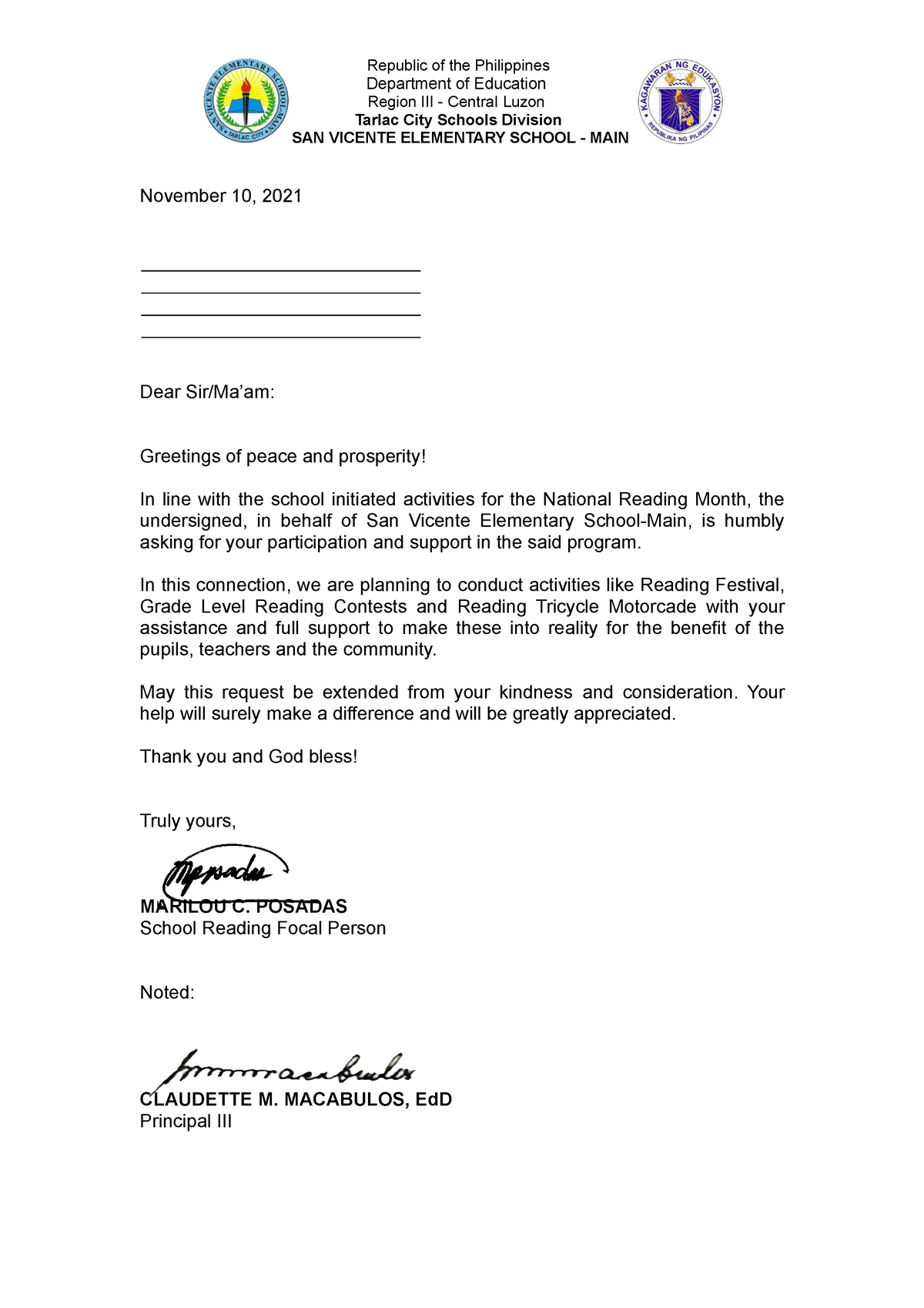 Communication Letter For Requesting Assistance Elementary Education 