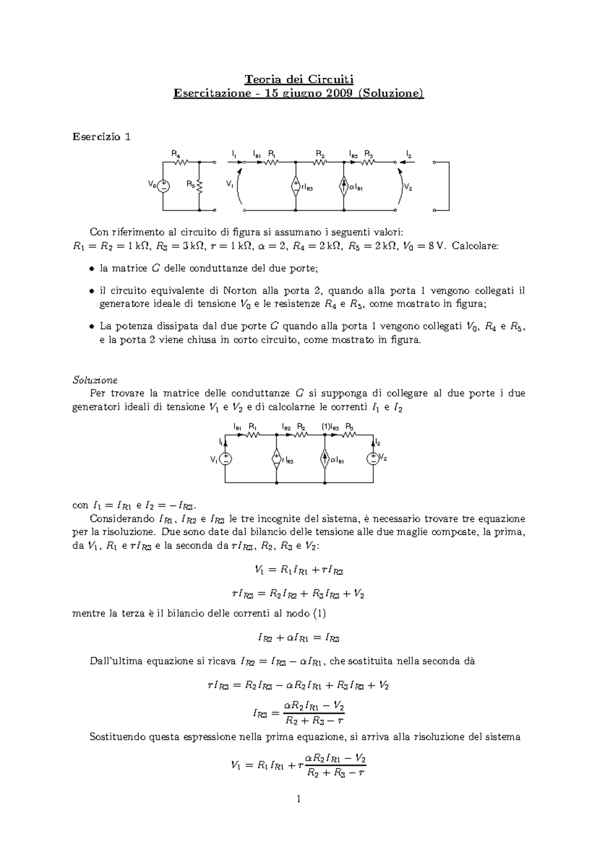 Soluzione 15 Giugno 2009 - Teoria Dei Circuiti Esercitazione - 15 ...
