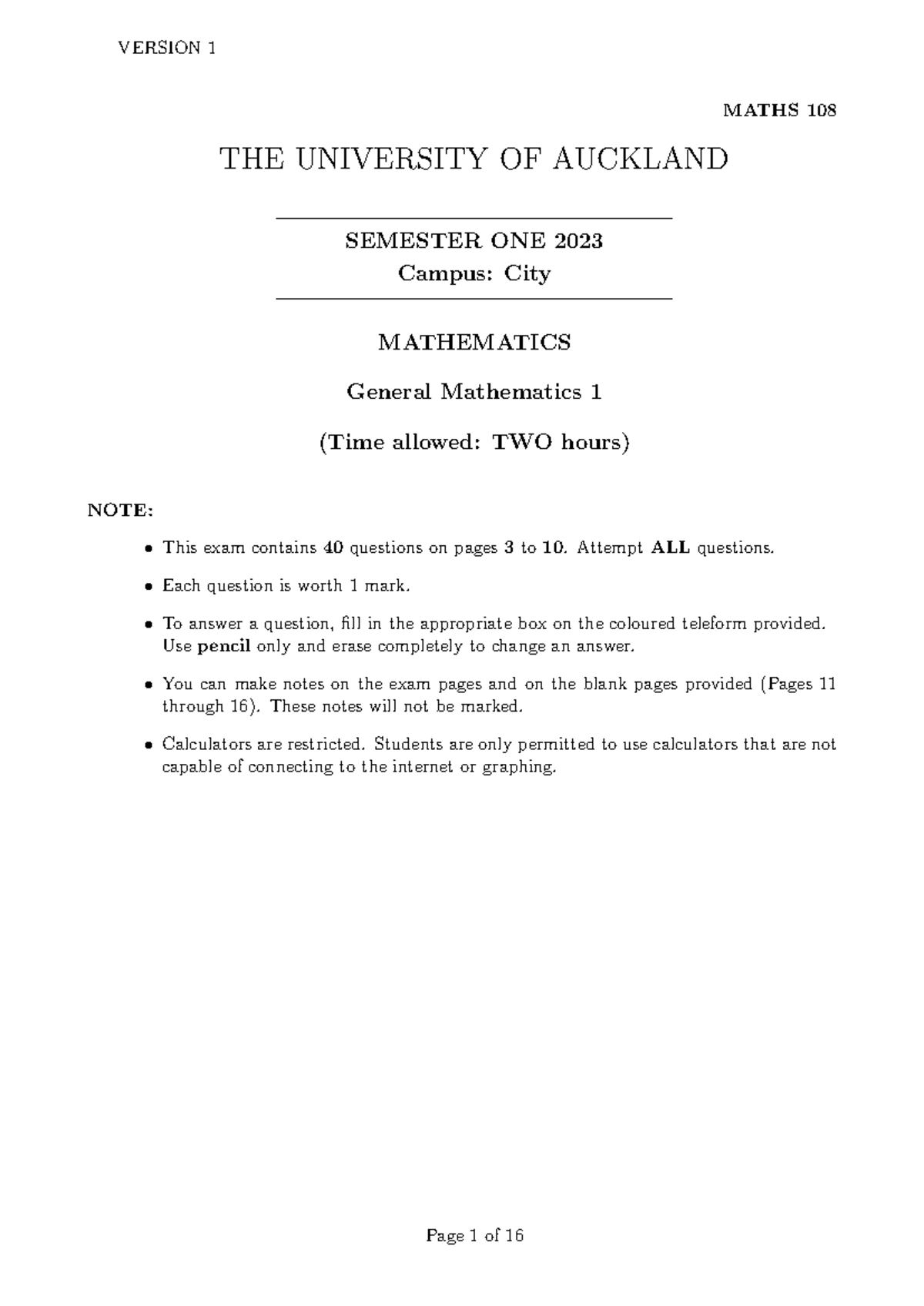Maths 108Exam2023S1V1 - MATHS 108 THE UNIVERSITY OF AUCKLAND SEMESTER ...