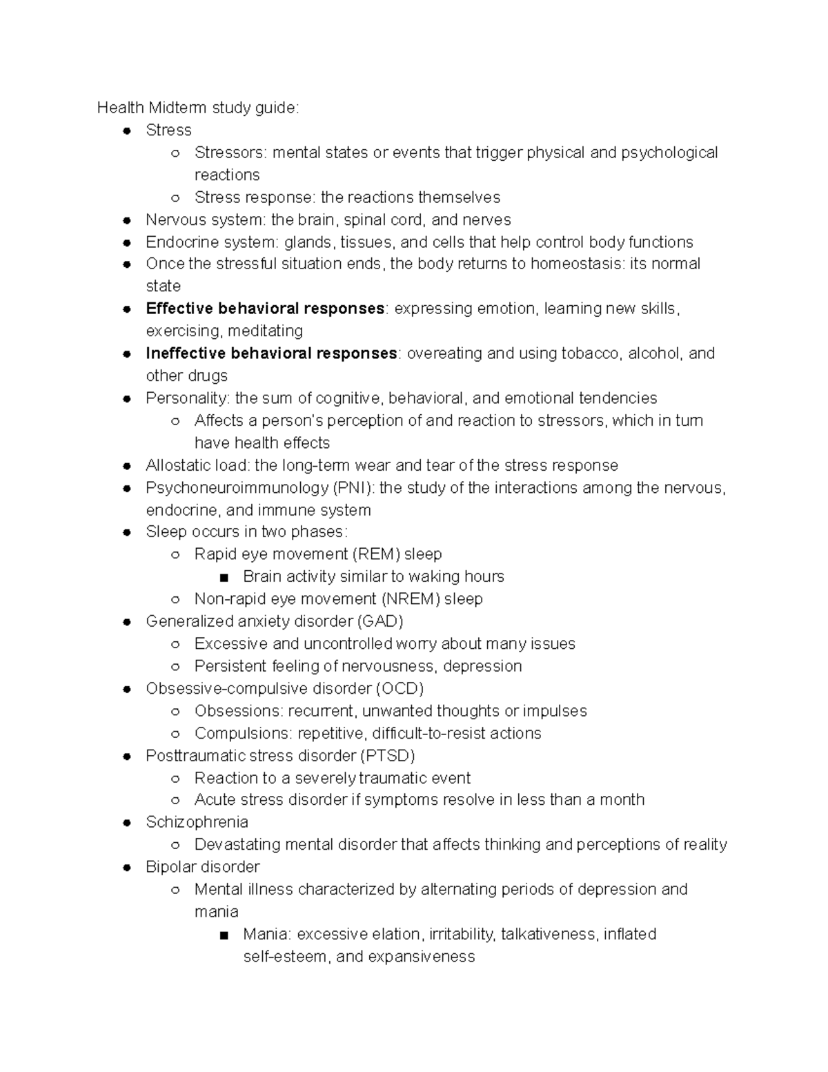 Health mid term Health Midterm study guide Stress Stressors mental