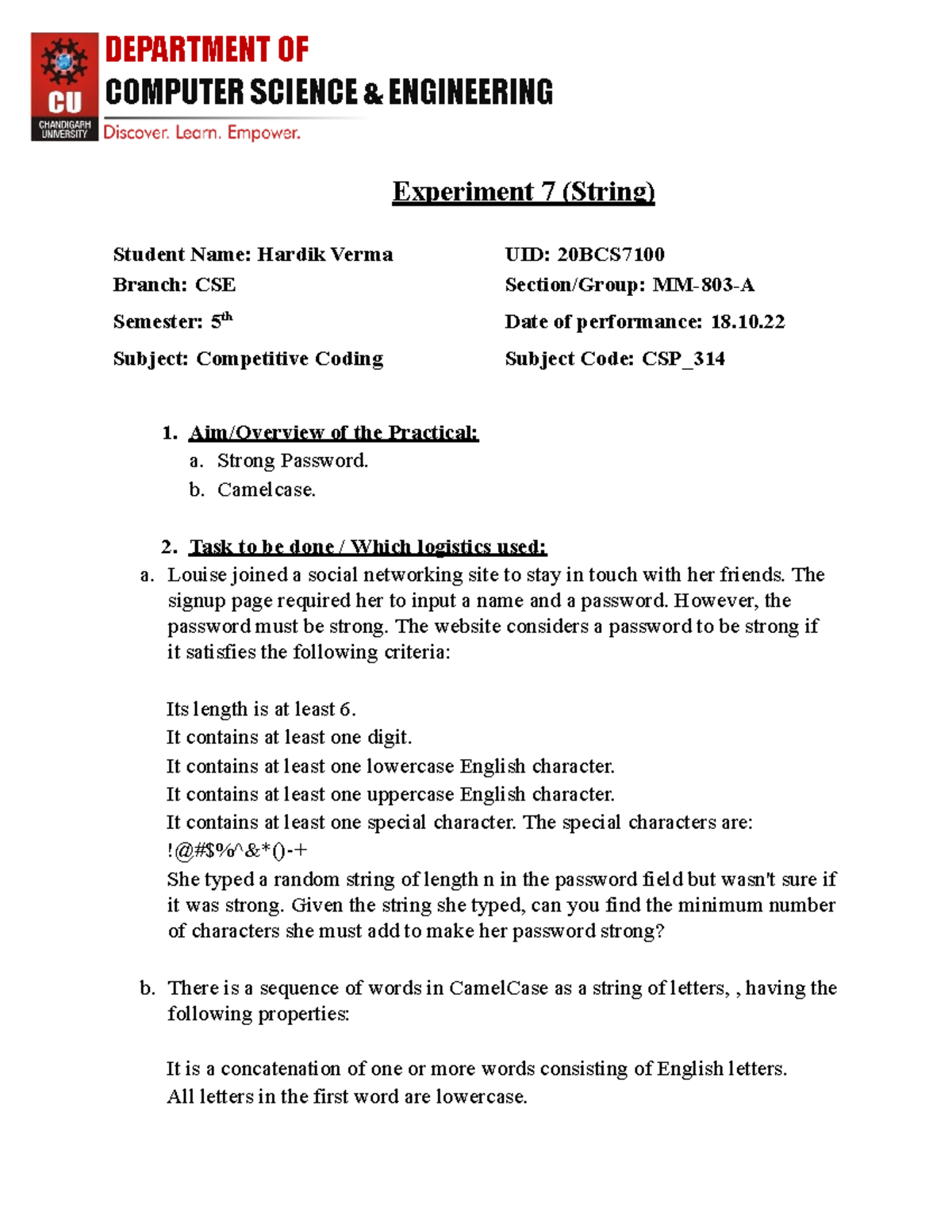 CC Exp 7 20BCS7100 Hardik Verma - DEPARTMENT OF COMPUTER SCIENCE ...