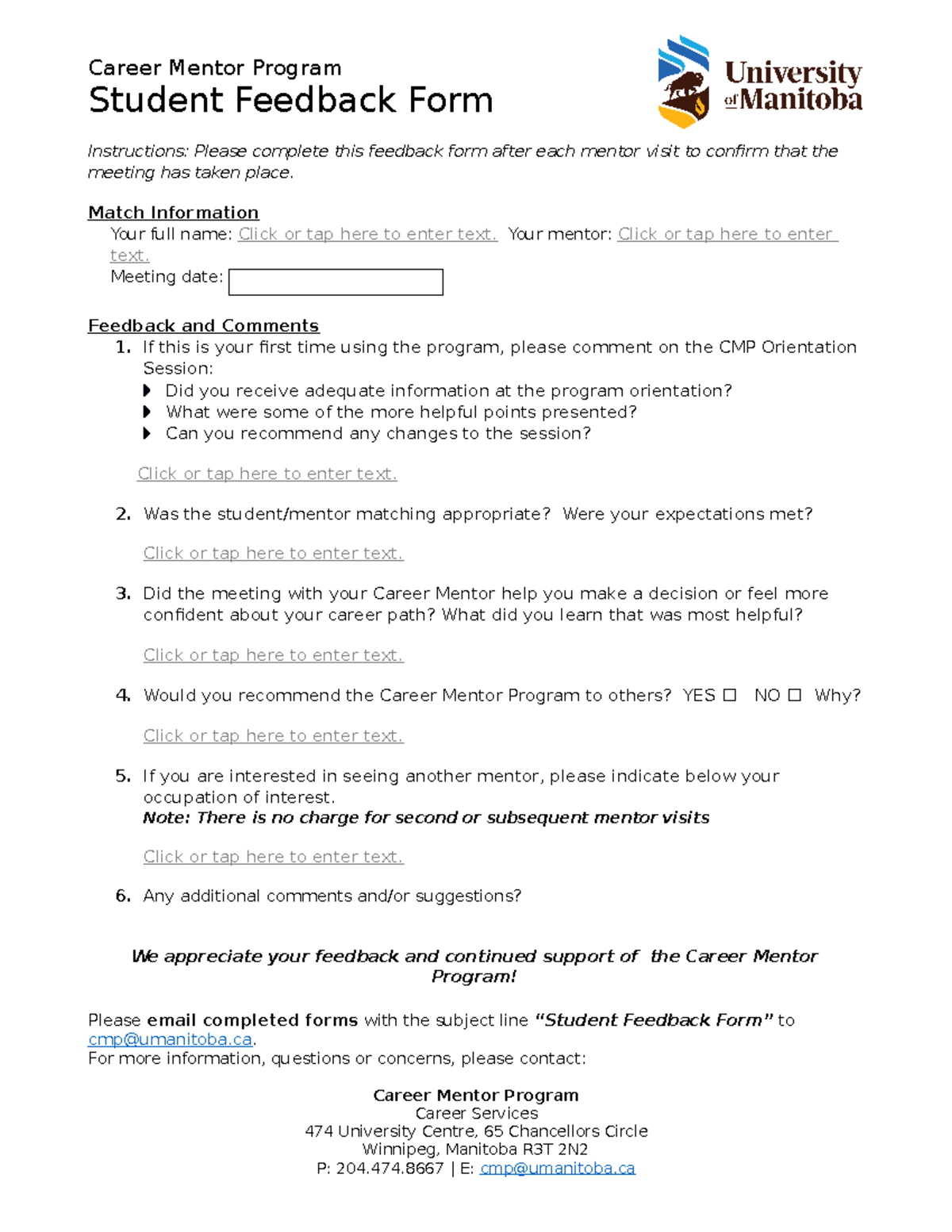 2019-20 Student Feedback Form (fillable) - Career Mentor Program ...