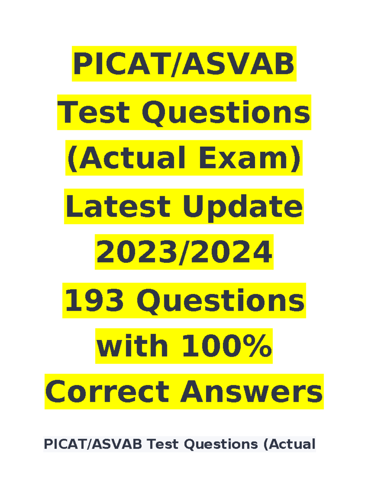 9 Picat- Asvab Test Questions (Actual Exam) Latest Update 2023-2024 193 ...