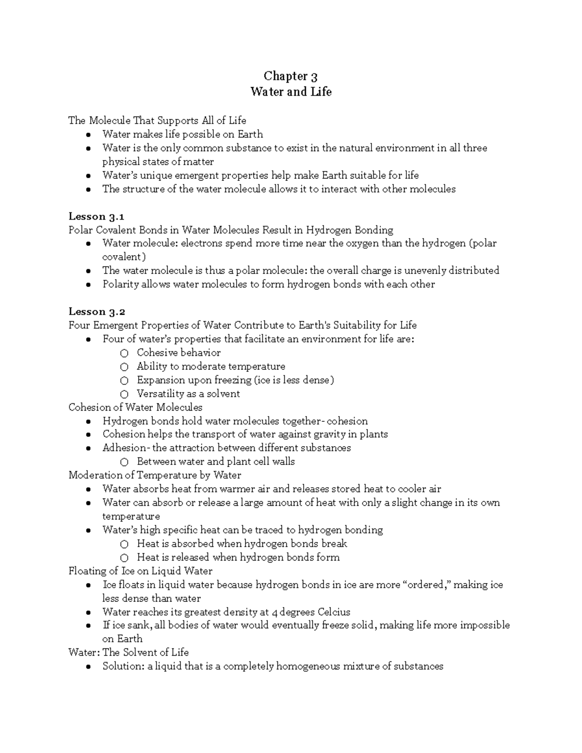 Ch. 3: Water and Life - Chapter 3 Water and Life The Molecule That ...