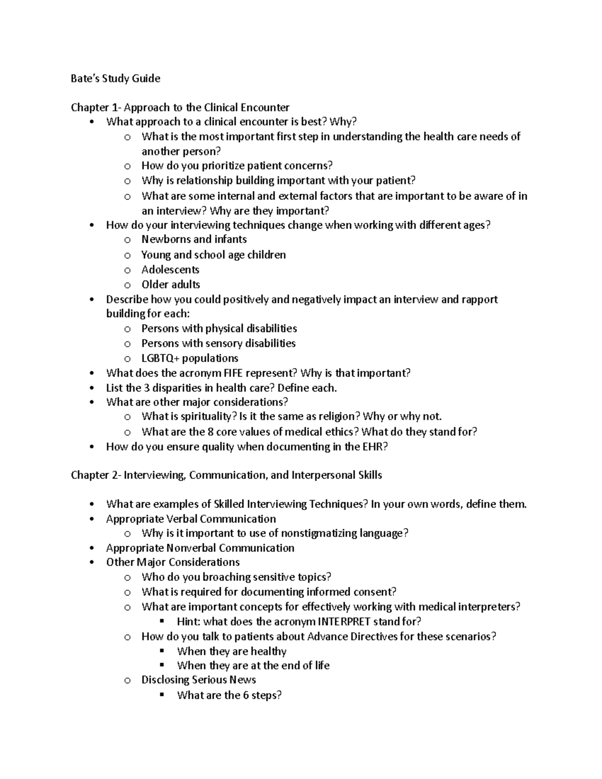 EXAM 1 Study Guide - Bate’s Study Guide Chapter 1- Approach to the ...